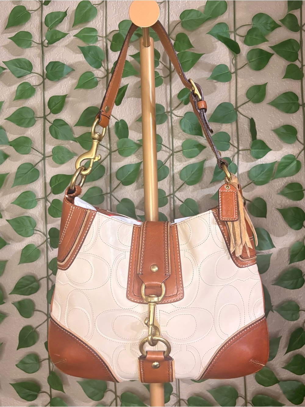Coach Cream and Brown Leather-Trim Shoulder Bag